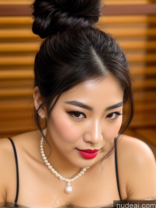 ai nude image of arafed asian woman in a black dress with a pearl necklace and pearl necklace pics of Busty Lipstick Perfect Boobs Oiled Body Black Hair Onsen Gloves Diamond Jewelry Jewelry Pearl Jewelry Tanned Skin Sexy Face Beautiful Korean Dress Hair Tied Up