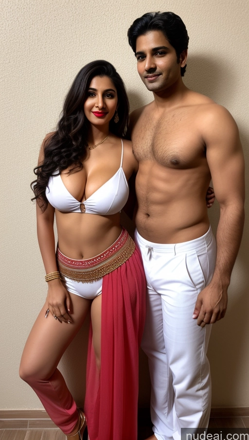 ai nude image of araffes man and woman posing for a picture in a room pics of Indian Front View Black Hair Busty Big Ass Beautiful Lipstick Big Hips Perfect Boobs Perfect Body Woman + Man Two Fairer Skin 50s Seductive Detailed Bright Lighting Salwar