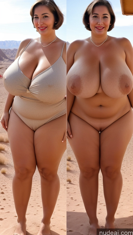 ai nude image of two women in bikinis standing in the desert with their hands on their hipss pics of Milf One Busty Huge Boobs Perfect Boobs Beautiful Lipstick Big Ass Thick Perfect Body Tall Big Hips 20s Happy Brunette Short Hair French Vintage Desert Side View Nude Diamond Jewelry Bright Lighting Onoff