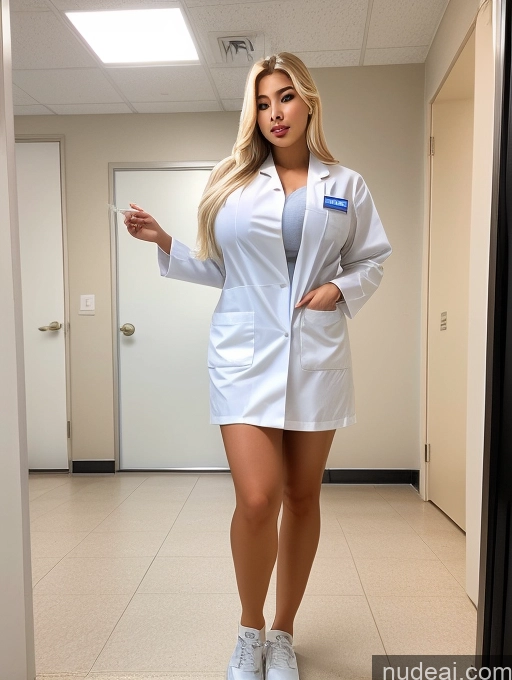 ai nude image of arafed woman in a white lab coat and sneakers standing in a hallway pics of Bimbo Two Huge Boobs Perfect Boobs Beautiful Big Ass Thick 18 Korean Hospital Lab Coat Nurse Front View