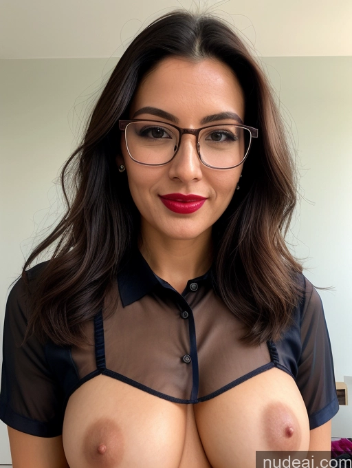 ai nude image of arafed woman with glasses and a sheer shirt posing for a picture pics of Busty Perfect Boobs Beautiful Glasses Lipstick Perfect Body Pubic Hair Oiled Body Sexy Face Close-up View Cumshot Blouse Panties Polo Professor Secretary Teacher Stylish Transparent Lingerie Model