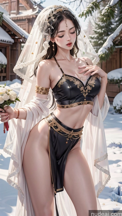 ai nude image of araffe dressed in lingerie and veil posing in snow pics of Perfect Boobs Beautiful Big Ass Big Hips Perfect Body 40s Black Hair Long Hair Snow Detailed Bodybuilder German Hentai Lingerie China Goddess Fashion Dark Fantasy Orgasm Leather