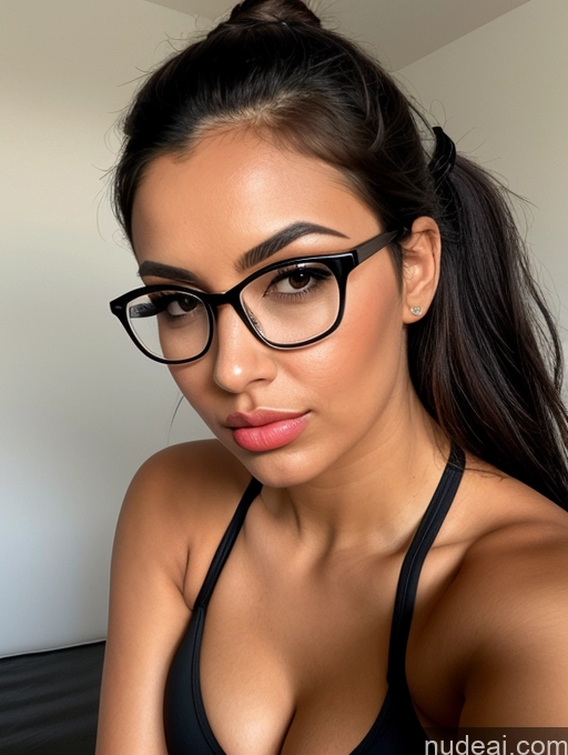 ai nude image of there is a woman wearing glasses and a bra top posing for a picture pics of Busty Beautiful One Glasses Woman 20s Pouting Lips Black Hair Ponytail British Tanned Skin Sports Bra Cleavage