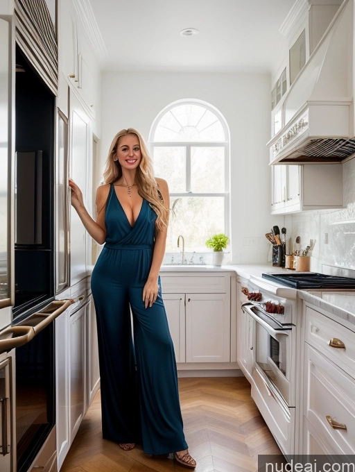 ai nude image of arafed woman in a blue jumpsuit standing in a kitchen pics of Woman One Huge Boobs Beautiful Big Ass Skinny Perfect Body Fairer Skin 30s Happy Blonde Long Hair White Surrealist Kitchen Front View Jumpsuit Jewelry