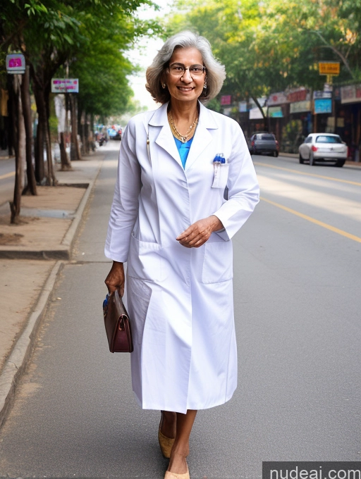 ai nude image of arafed woman in a white coat and blue shirt walking down a street pics of 70s Huge Boobs Indian Street Doctor