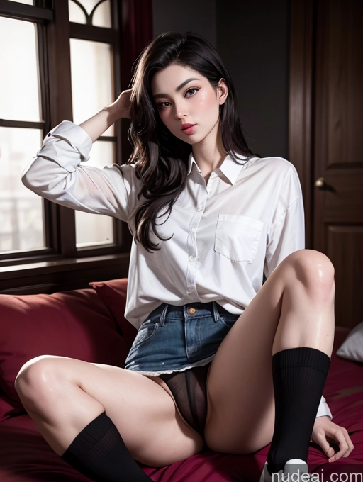 related ai porn images free for Fairer Skin 18 Seductive Sexy Face Black Hair Asian Bedroom Front View Spreading Legs Shirt Underwear High Socks