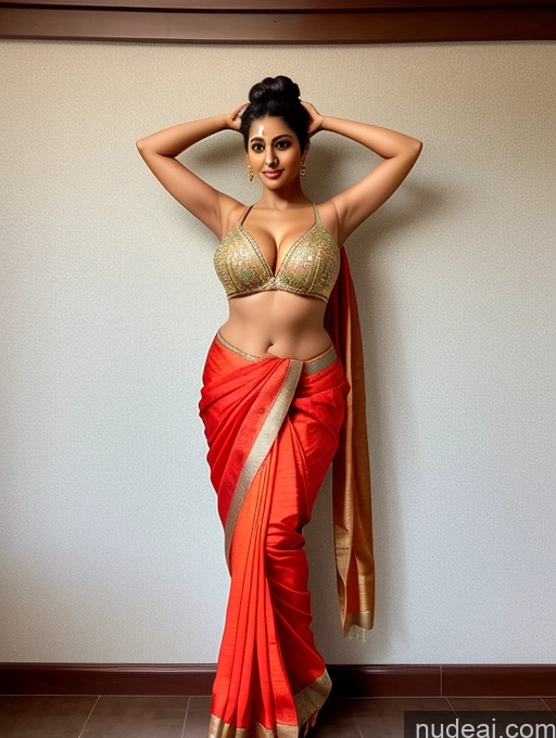 ai nude image of araffe woman in a red sari posing for a picture pics of Model One Busty Beautiful 30s Hair Bun Indian Front View T-pose Sari Cleavage