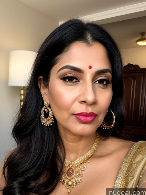 ai nude image of a close up of a woman wearing a gold and red necklace and earrings pics of Milf Perfect Boobs Beautiful Lipstick Big Hips Fairer Skin 50s Sexy Face Pouting Lips Black Hair Long Hair Indian Front View Sari Gold Jewelry Jewelry Bright Lighting Detailed Bedroom Transparent Busty Tall