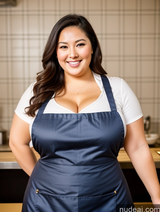 ai nude image of arafed woman in a blue apron posing for a picture pics of 30s Busty Beautiful Thick Chubby Fat Asian Apron Restaurant Happy Cleavage