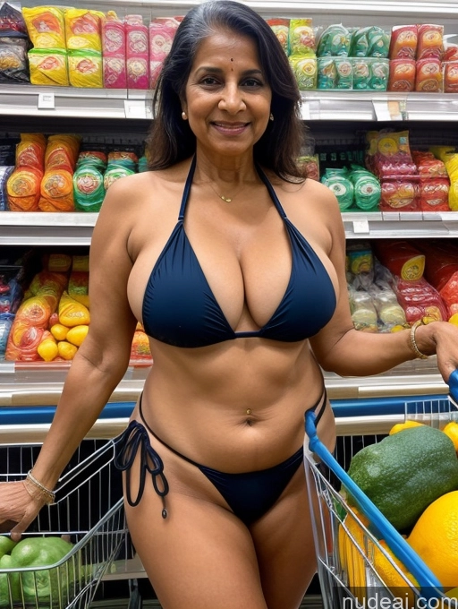 ai nude image of arafed woman in a bikini standing in front of a grocery cart pics of 70s Huge Boobs Indian Grocery Microkini