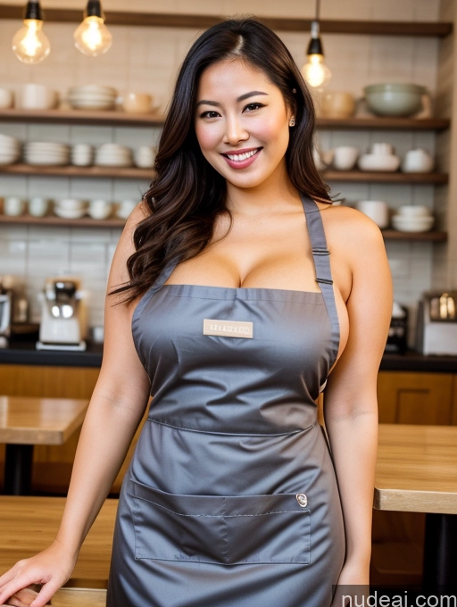 ai nude image of arafed woman in a gray apron standing in a kitchen pics of Model Busty Beautiful Thick 30s Happy Asian Cafe Nude Apron Cleavage