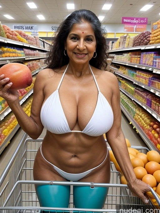 ai nude image of arafed woman in a bikini holding a peach in a grocery store pics of 70s Huge Boobs Indian Grocery Microkini