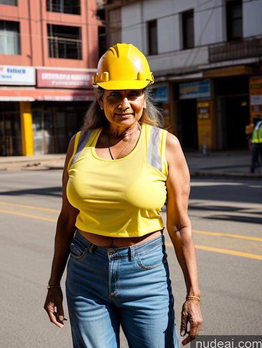 ai nude image of there is a woman wearing a hard hat and jeans walking down the street pics of Huge Boobs 70s Indian Construction Worker Street