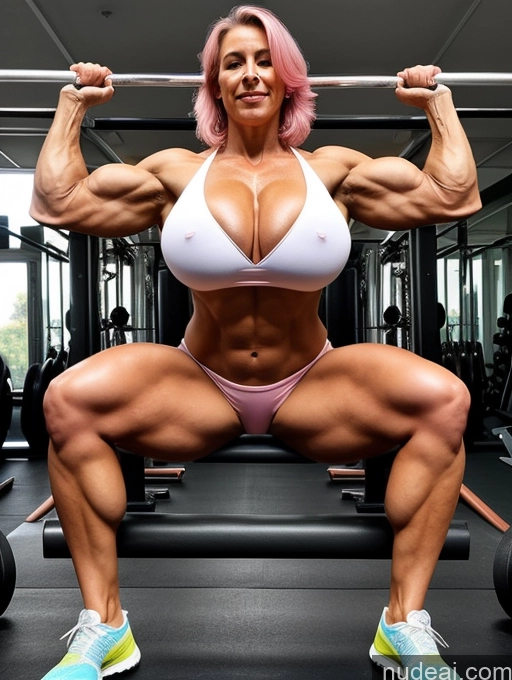 ai nude image of a woman with pink hair and a white top is squatting on a bench pics of Bodybuilder Beautiful Abs Muscular Huge Boobs Tanned Skin Thick Orgasm Turkish Gym Working Out Long Legs Pink Hair Detailed One 70s