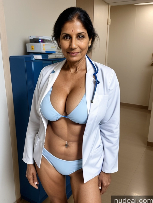 ai nude image of arafed woman in a white lab coat and blue bikini posing for a picture pics of 70s Huge Boobs Milf Microkini Indian Doctor Hospital