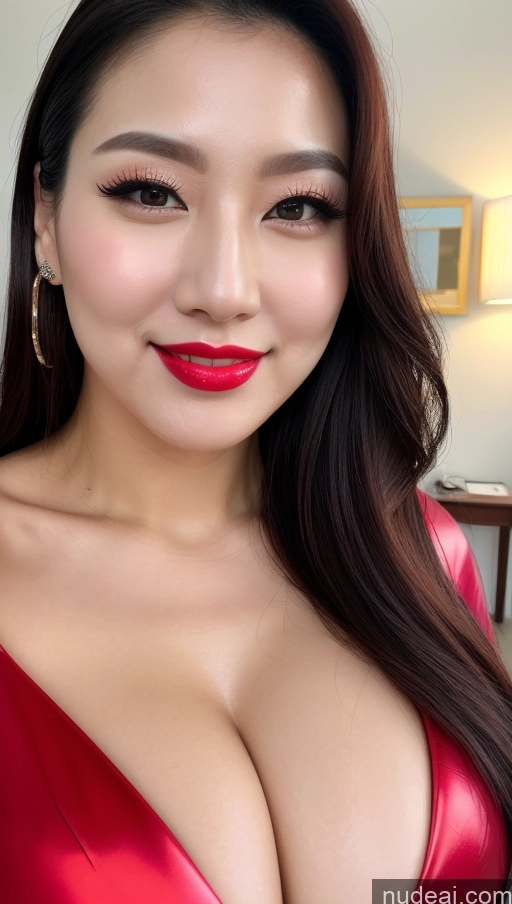 ai nude image of a close up of a woman in a red dress with a big breast pics of Woman Huge Boobs Beautiful Lipstick Fairer Skin 30s Happy Seductive Slicked Korean Close-up View Devil Bright Lighting Sexy Face