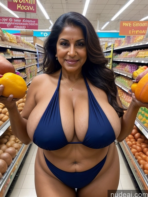 ai nude image of arafed woman in a blue bikini holding oranges in a grocery store pics of Busty Huge Boobs 70s Indian Grocery Microkini