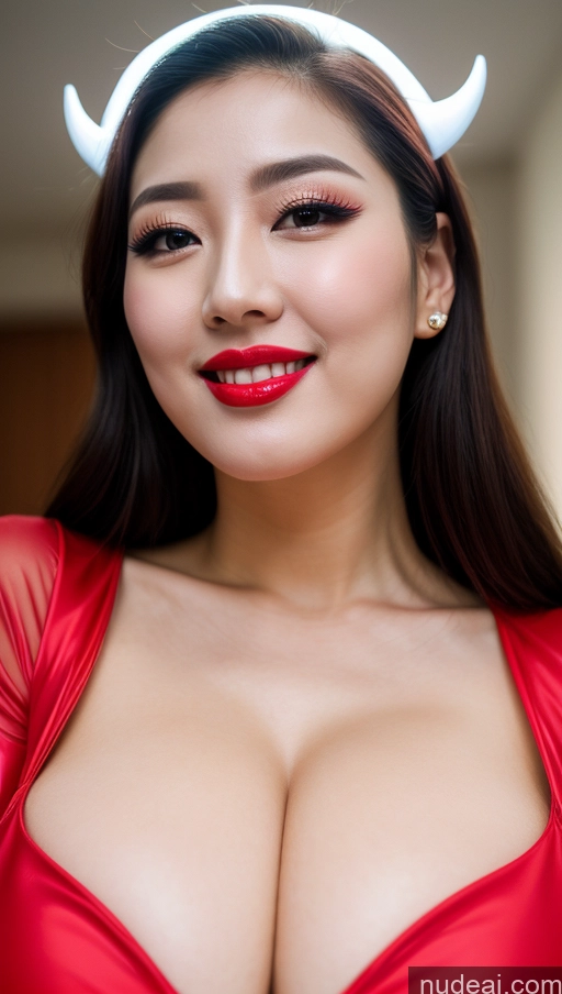 ai nude image of araffed asian woman in red dress with horns and red lipstick pics of Woman Huge Boobs Beautiful Lipstick Fairer Skin 30s Happy Seductive Slicked Korean Close-up View Devil Bright Lighting Sexy Face