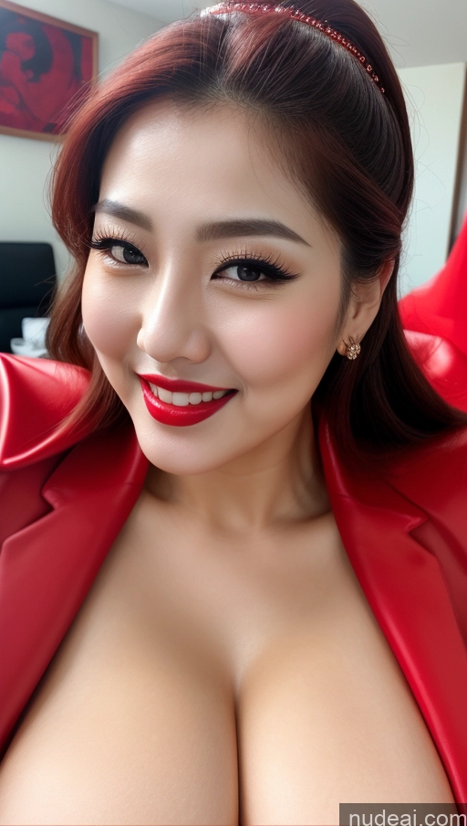 ai nude image of arafed asian woman with big breast posing for a picture pics of Woman Huge Boobs Beautiful Lipstick Fairer Skin 30s Happy Seductive Slicked Korean Close-up View Devil Bright Lighting Sexy Face