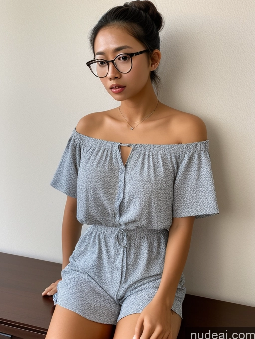 ai nude image of arafed woman in a blue romper and glasses sitting on a bench pics of Indonesian Beautiful Glasses Hair Bun Shocked Two Small Tits Short Tanned Skin Skinny 18 Blouse Spreading Legs