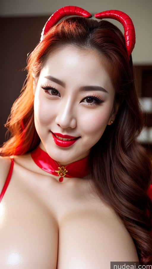 ai nude image of arafed woman with red hair and horns posing for a picture pics of Woman Huge Boobs Beautiful Lipstick Fairer Skin 30s Happy Seductive Slicked Korean Close-up View Devil Bright Lighting Sexy Face