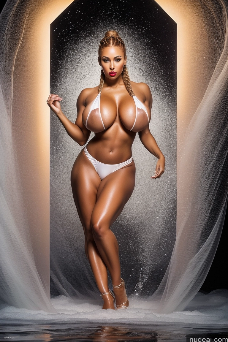 ai nude image of arafed woman in a white bikini posing in a shower pics of Huge Boobs Perfect Boobs 20s Surrealist Nude Abs Big Hips Detailed Diamond Jewelry Long Legs Perfect Body Braided Big Ass Fat Lipstick Tanned Skin Serious Seductive Sexy Face Pouting Lips Swedish Muscular Ginger Bodybuilder