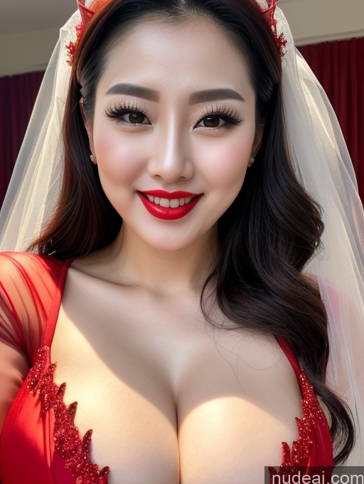 ai nude image of araffed woman in a red dress with a veil and red lipstick pics of Woman Huge Boobs Beautiful Lipstick Fairer Skin 30s Happy Seductive Slicked Korean Close-up View Devil Wedding Bright Lighting Sexy Face