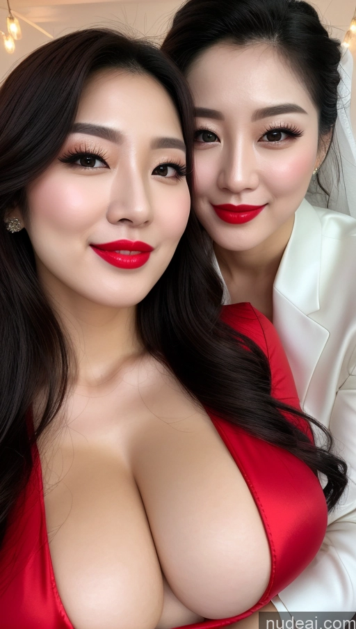 ai nude image of two women in red dresses posing for a picture with big breasts pics of Woman Huge Boobs Beautiful Lipstick Fairer Skin 30s Happy Seductive Slicked Korean Close-up View Devil Wedding Bright Lighting Sexy Face