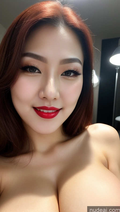 ai nude image of arafed asian woman with red lips and big tits posing for a picture pics of Woman Huge Boobs Beautiful Lipstick Fairer Skin 30s Happy Seductive Slicked Korean Close-up View Devil Bright Lighting Sexy Face