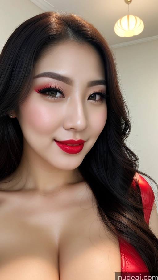 ai nude image of a close up of a woman with a red dress and red lipstick pics of Woman Huge Boobs Beautiful Lipstick Fairer Skin 30s Happy Seductive Slicked Korean Close-up View Bright Lighting Sexy Face Devil Black Hair