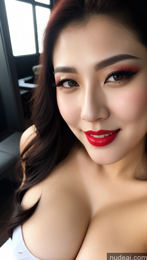 ai nude image of araffed asian woman with red lips and big breast pics of Woman Huge Boobs Beautiful Lipstick Fairer Skin 30s Happy Seductive Slicked Korean Close-up View Bright Lighting Sexy Face Devil Black Hair