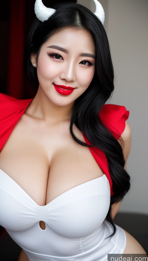 ai nude image of araffe dressed in a white dress and devil horns poses for a picture pics of Woman Huge Boobs Beautiful Lipstick Fairer Skin 30s Happy Seductive Slicked Korean Bright Lighting Sexy Face Devil Black Hair Big Ass Close-up View