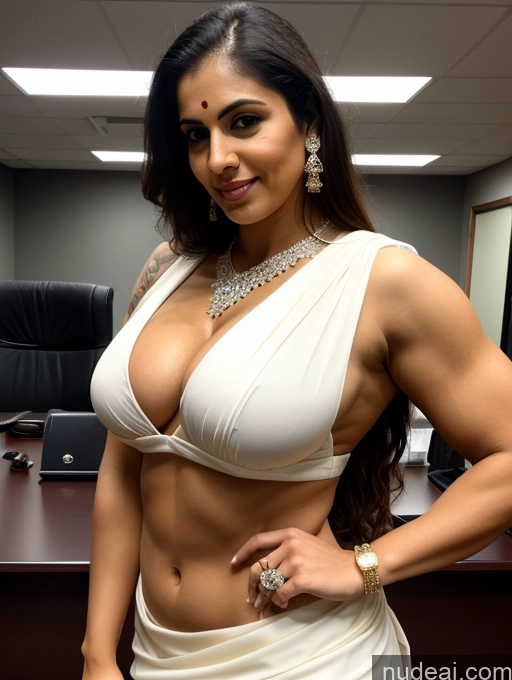 ai nude image of sexy indian woman in white sari posing for a picture pics of Bodybuilder Busty Beautiful Abs Tattoos Big Ass Thick Tall Fairer Skin 30s Sari Indian Cleavage Diamond Jewelry Dark Lighting Office Ginger