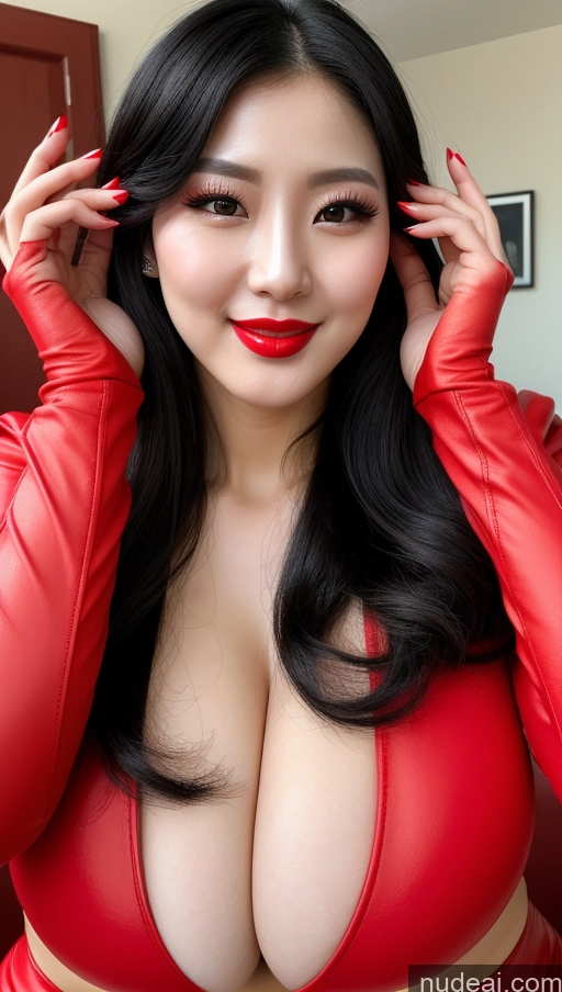 ai nude image of araffed asian woman in red dress posing for a picture pics of Woman Huge Boobs Beautiful Lipstick Fairer Skin 30s Happy Seductive Slicked Korean Bright Lighting Sexy Face Devil Black Hair Big Ass Close-up View