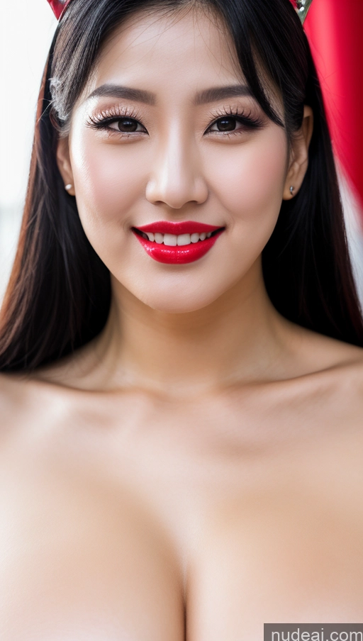 ai nude image of araffed asian woman with a red crown and big breast pics of Woman Huge Boobs Beautiful Lipstick Fairer Skin 30s Happy Seductive Slicked Korean Bright Lighting Sexy Face Devil Black Hair Big Ass Close-up View