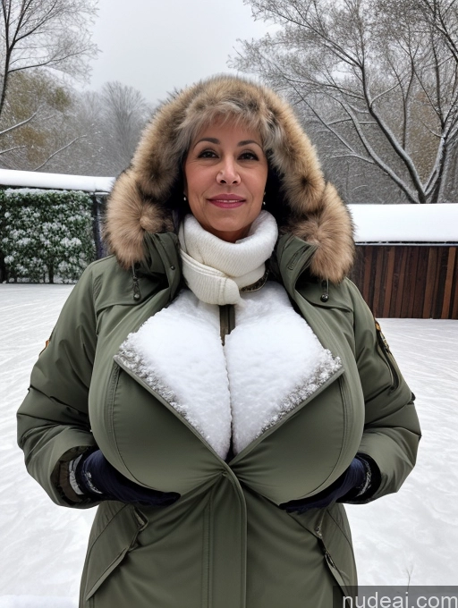 ai nude image of woman in a green parka with a fur hood and gloves pics of Busty Huge Boobs Milf 60s Brazilian Snow Parka