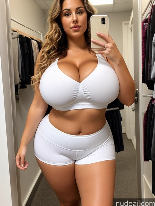 ai nude image of araffe woman in white underwear taking a selfie in a closet pics of Woman Busty Huge Boobs Big Ass Chubby Big Hips Tanned Skin 18 Sexy Face Brunette Curly Hair British Changing Room Short Shorts Yoga Pants Fairer Skin