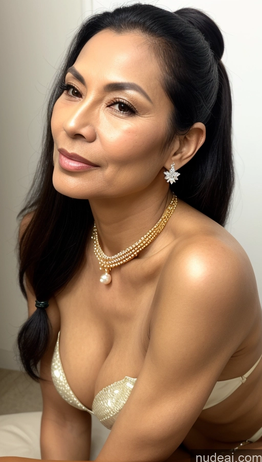 ai nude image of there is a woman in a white bra top and pearls on her neck pics of Milf One Perfect Body Sexy Face Black Hair Indonesian Skin Detail (beta) Front View Diamond Jewelry Gold Jewelry Pearl Jewelry Jewelry Bright Lighting Pigtails Bikini 70s