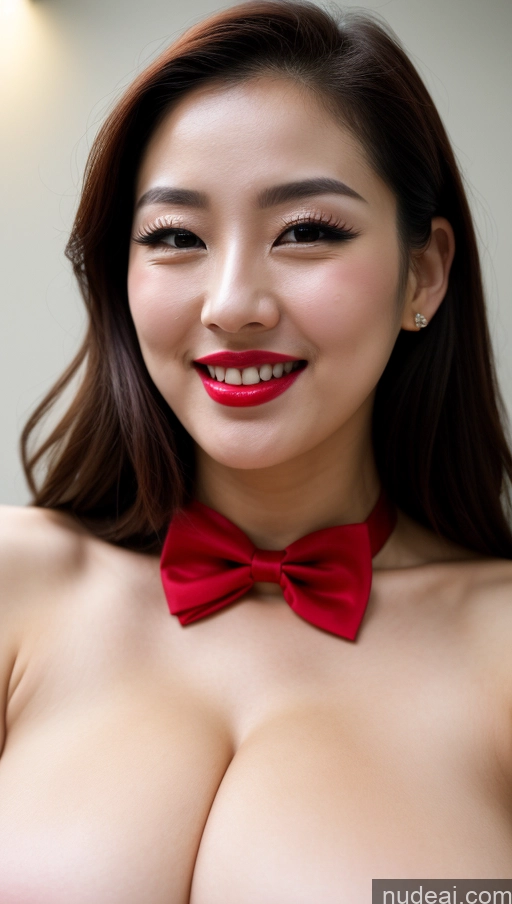 ai nude image of arafed asian woman with big breastes and a red bow tie pics of Woman Huge Boobs Beautiful Lipstick Fairer Skin 30s Happy Seductive Slicked Korean Close-up View Devil Bright Lighting Sexy Face Bow Tie