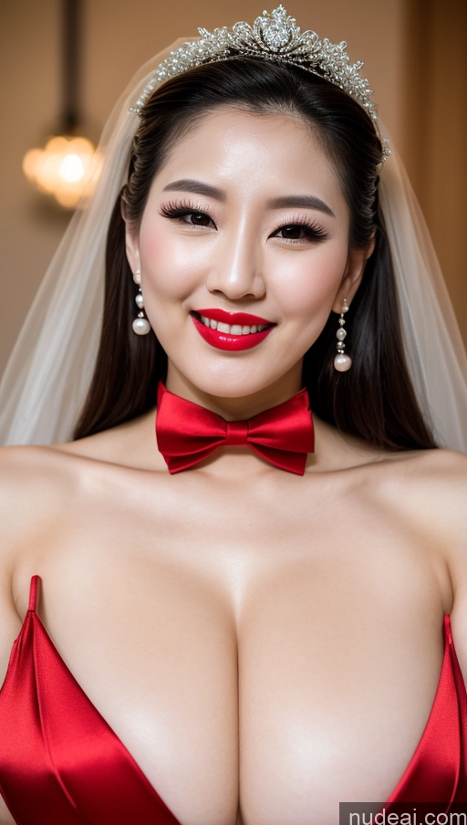 ai nude image of arafed woman in a red dress with a tiara and a veil pics of Woman Huge Boobs Beautiful Lipstick Fairer Skin 30s Happy Seductive Slicked Korean Close-up View Devil Bright Lighting Sexy Face Bow Tie Wedding Pearl Jewelry