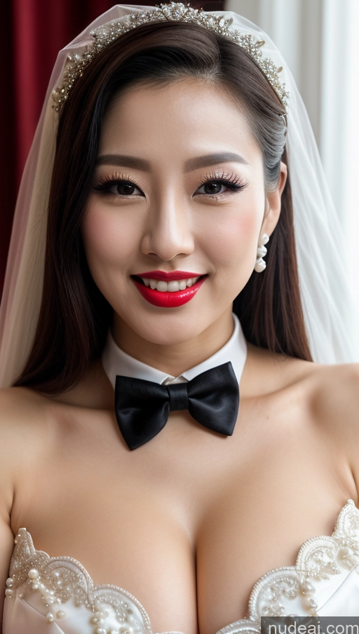 ai nude image of arafed asian bride in a white wedding dress and a black bow tie pics of Woman Huge Boobs Beautiful Lipstick Fairer Skin 30s Happy Seductive Slicked Korean Close-up View Devil Bright Lighting Sexy Face Bow Tie Wedding Pearl Jewelry Black Hair