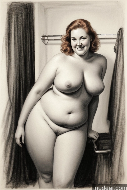 ai nude image of arafed woman with a big breast standing in a bathroom pics of Woman Fat Big Hips Fairer Skin Pubic Hair Big Ass Happy Ginger White Changing Room 80s Straight Busty Chubby Charcoal