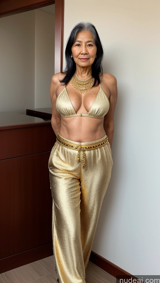 ai nude image of there is a woman in a gold outfit posing for a picture pics of Woman One Perfect Boobs Skinny 80s Black Hair Long Hair Indonesian Front View Harem Pants Pearl Jewelry Gold Jewelry Bright Lighting Skin Detail (beta)