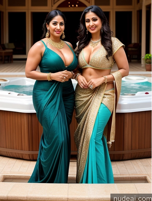 ai nude image of two women in saris posing in front of a hot tub pics of Woman Two Huge Boobs Beautiful Lipstick Big Ass Muscular Chubby 30s Seductive Black Hair Indian Hot Tub High Heels Sari Salwar Cleavage Big Hips Jewelry Gold Jewelry Diamond Jewelry Pearl Jewelry