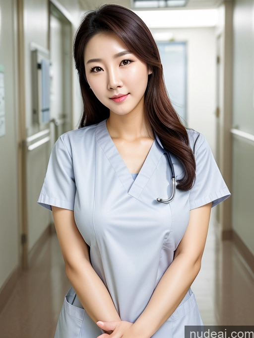 ai nude image of arafed asian woman in a grey scrub suit standing in a hospital hallway pics of Korean Perfect Boobs Hospital Nurse