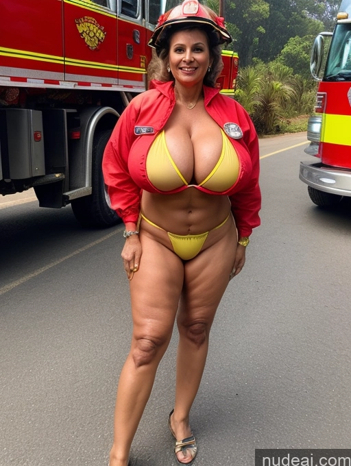 ai nude image of araffe woman in a bikini and firefighter hat posing for a picture pics of 60s Milf Busty Huge Boobs Indian Microkini Firefighter