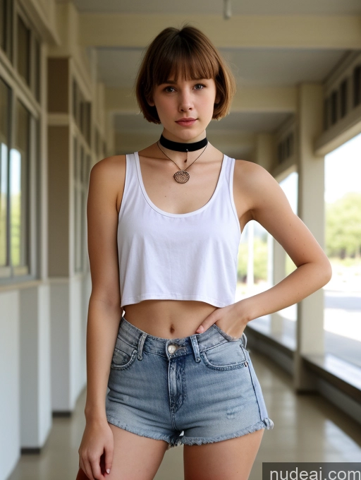 ai nude image of arafed woman in a white tank top and denim shorts posing for a picture pics of Sorority Small Tits Beautiful Skinny Small Ass School Hallway 18 Ginger White Choker Daisy Dukes Tank Top High Heels Short Hair