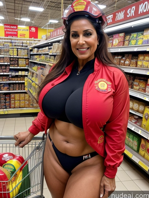 ai nude image of arafed woman in a fireman's hat posing in a grocery store pics of Milf 60s Grocery Firefighter Microkini Busty Huge Boobs Indian