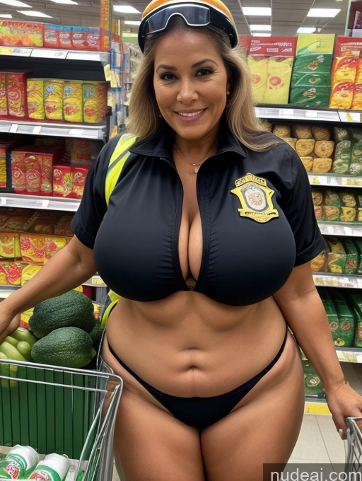 ai nude image of arafed woman in a police uniform posing in a grocery store pics of Milf Huge Boobs Perfect Boobs Tanned Skin Brazilian Firefighter Microkini Grocery 60s Chubby