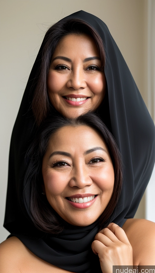 ai nude image of there are two women that are smiling for the camera pics of Woman One Perfect Boobs Skinny Fat 70s Happy Black Hair Long Hair Indonesian Skin Detail (beta) Front View Niqab Bright Lighting Detailed